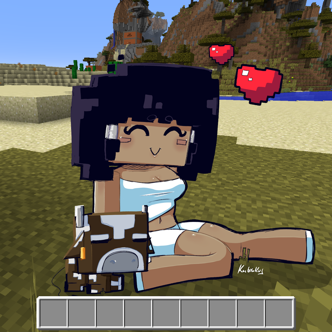 Digital drawing of Neotiyeth in a Minecraft world sitting with a baby cow.